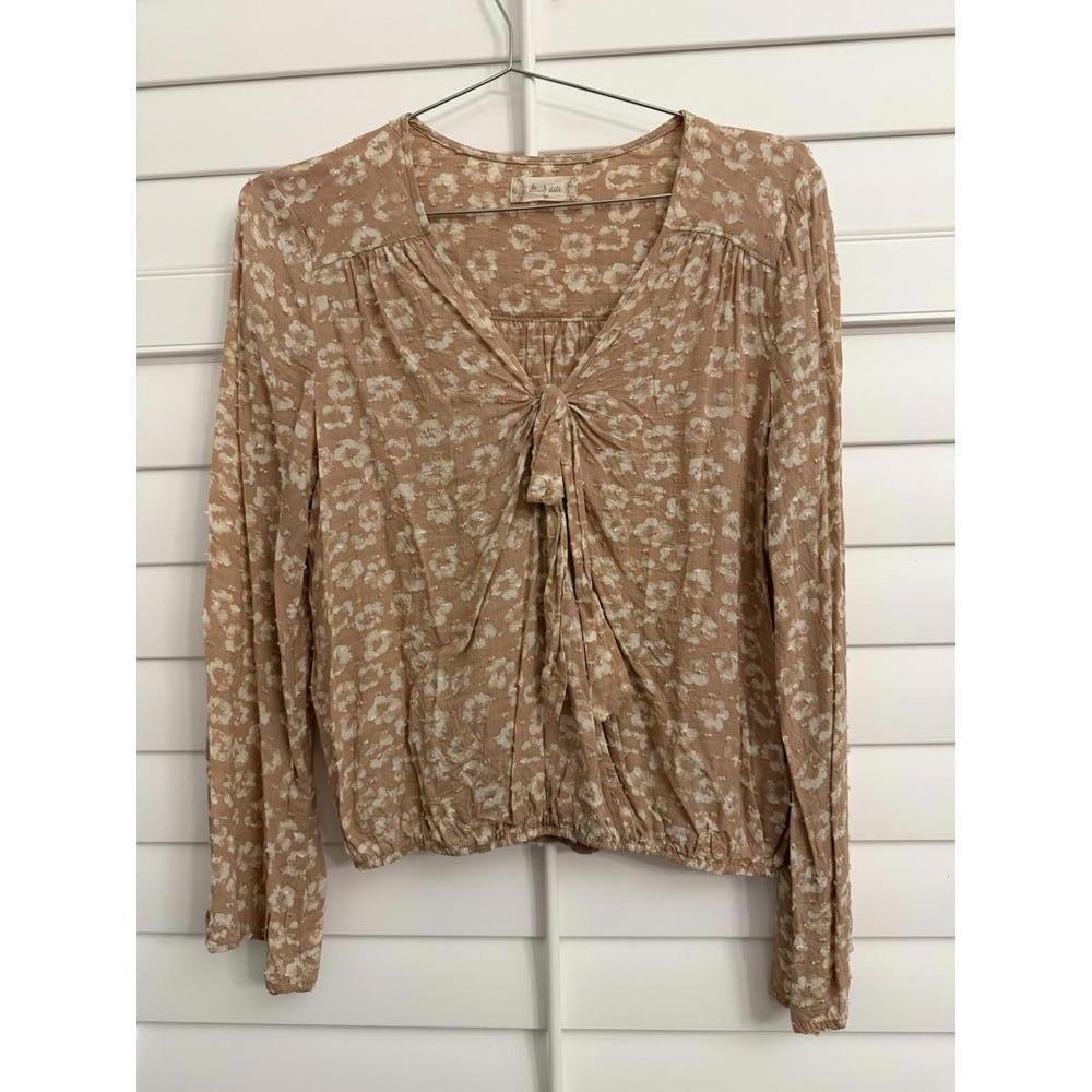 Altar'd State Soft Peach Open Tie Front Pink Flocked Wrap-Around Blouse - Picture 2 of 6
